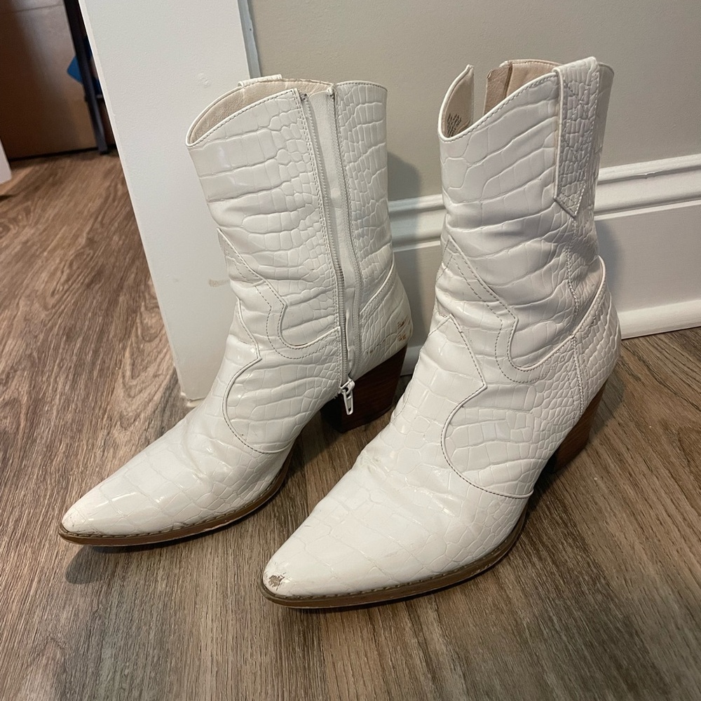 White Croc-Embossed Ankle Boots